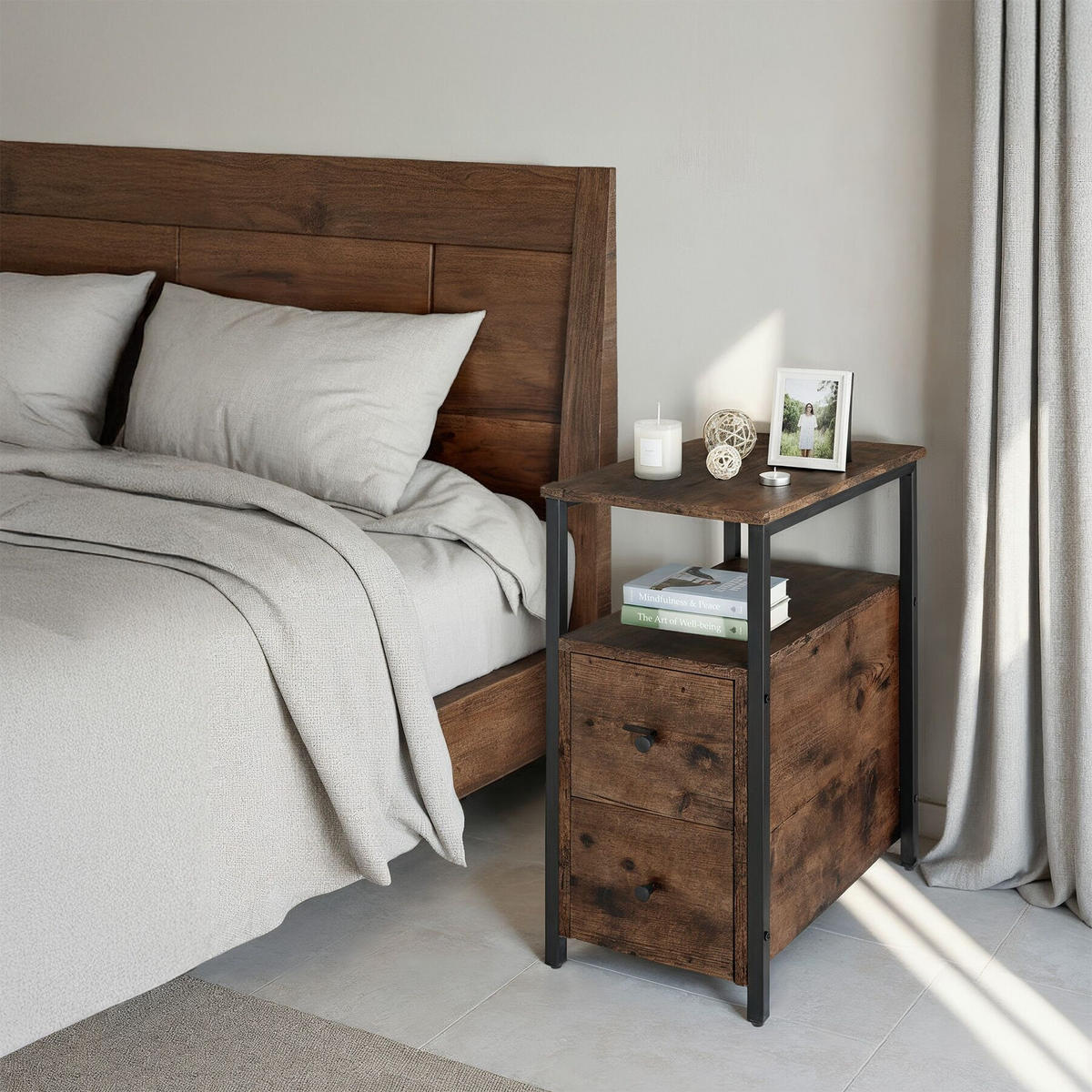 NACHTSCHRANK Tullamore, 30 x 49,5 x 61,5 cm, Industrial Holz dunkel, rustikal - Rostfarben, Holzwerkstoff (30/61.5/49.5cm) - tectake