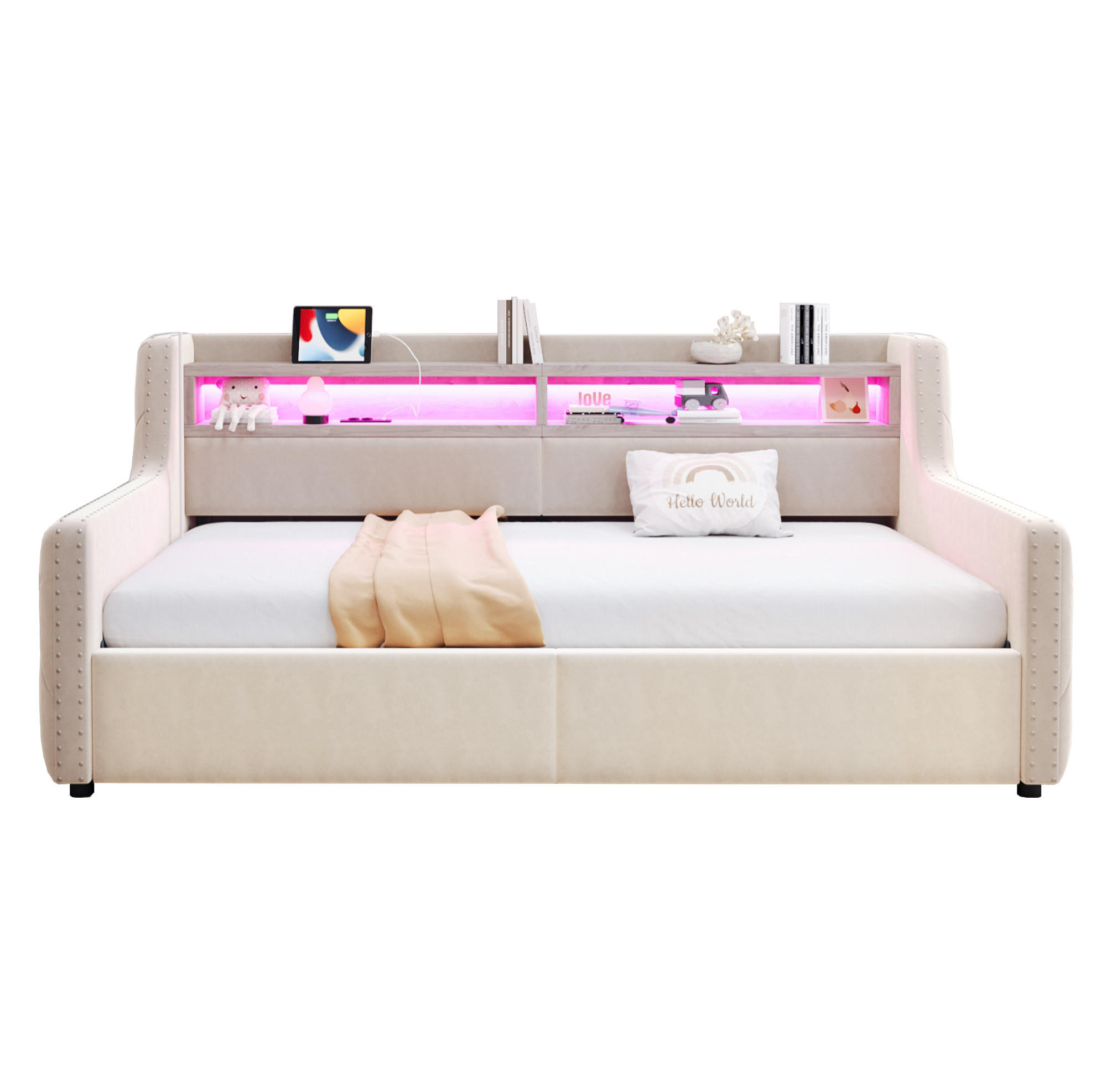 POLSTERBETT 90/200 cm aus Samt mit LED-Beleuchtung, Beige - Beige, Textil (90/200cm) - OKMYHOME