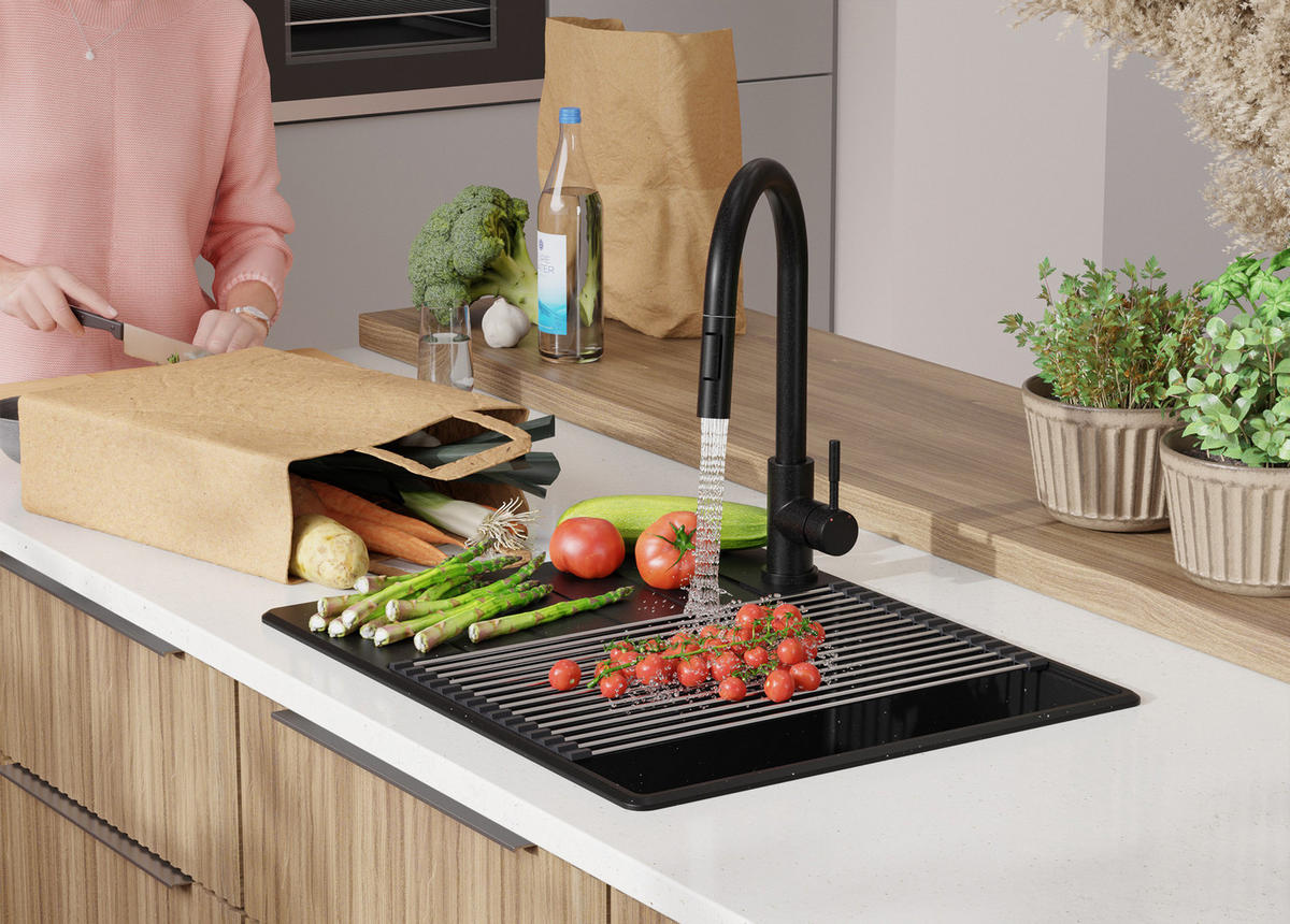 SPÜLBECKEN Kopenhagen, 2-er set Schwarz Metallic 62/50 cm 1 Becken + Ablauf-Set + Schneidebrett ab 50er Unterschrank - Chromfarben/Schwarz Hochglanz, Kunststoff (62/20/50cm) - Primagran