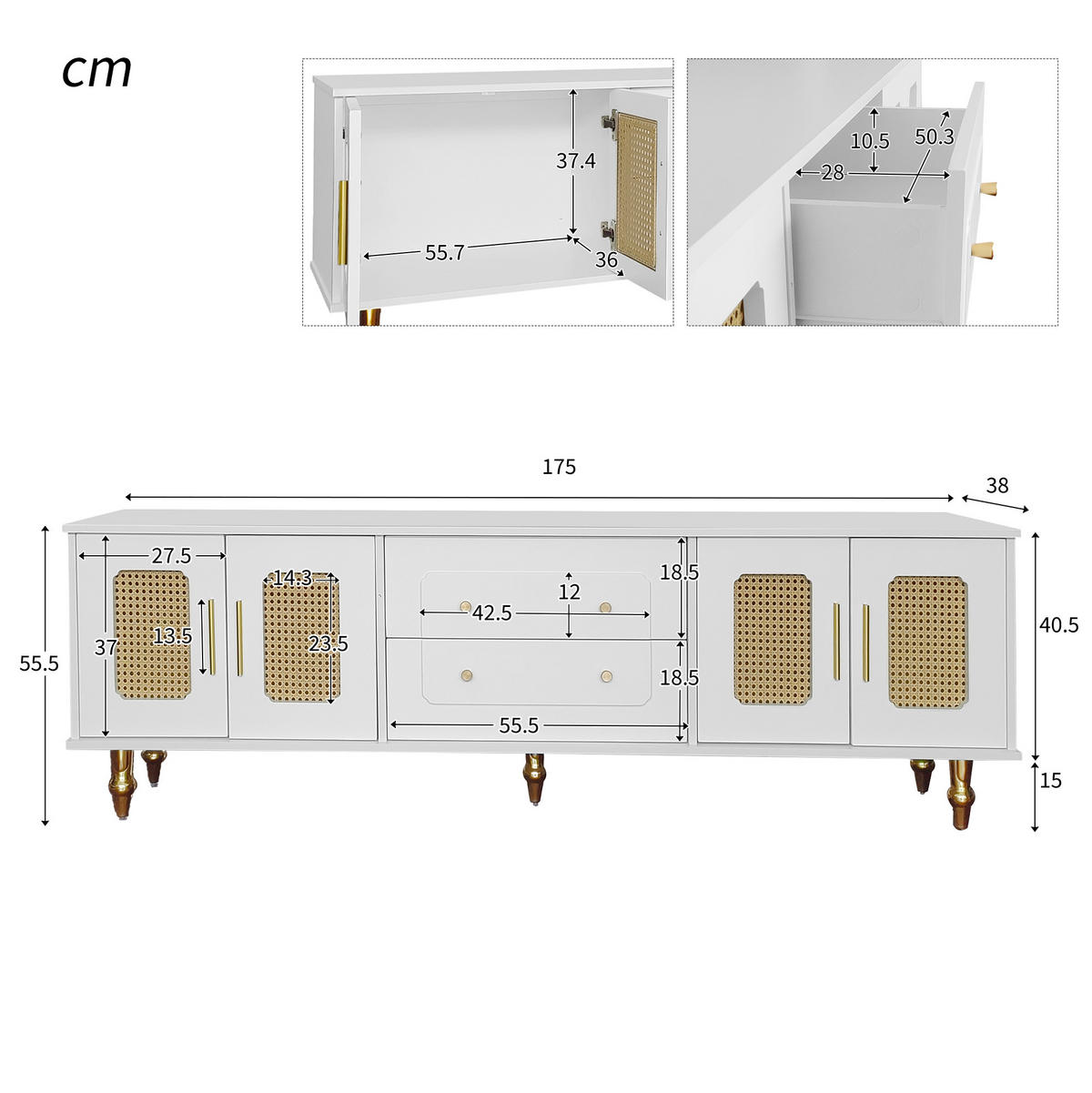 LOWBOARD 175/38/55.5 cm Weiß aus Holzwerkstoff mit PVC-Rattantüren - Weiß, Holzwerkstoff (38/55.5/175cm) - OKMYHOME