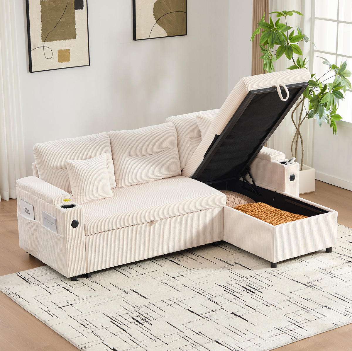 ECKSCHLAFSOFA 3-Sitzer Cord mit Stauraum USB-Anschluss und Becherhalter Beige 212,5/136/86 cm - Beige, Textil (136/212.5cm) - Redom