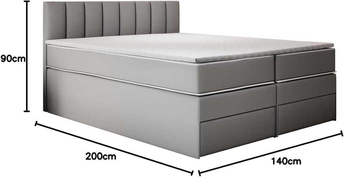 KONTINENTALBETT 140x200 cm mit Schubladen und Taschenmatratze, MIAMI, Visco Topper 5 cm, Grau - Grau, Holzwerkstoff/Kunststoff (140/200cm) - Trada