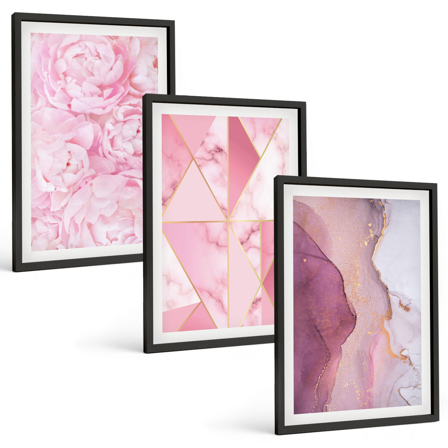 BILDER SET 3er Set - 40x60 cm Schwarzer Rahmen - Rosa geometrische Pfingstrosen - Schwarz, Kunststoff (40/60cm) - TULUP