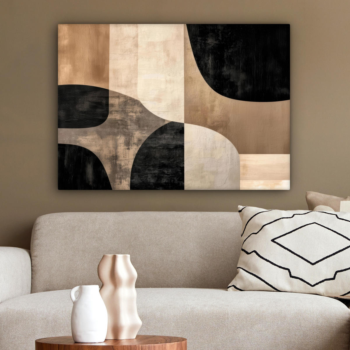 LEINWANDBILD Abstrakt - Flugzeuge - Schwarz - Rund Wandbilder 80x60 cm - Beige, Textil (80/60cm) - MuchoWow