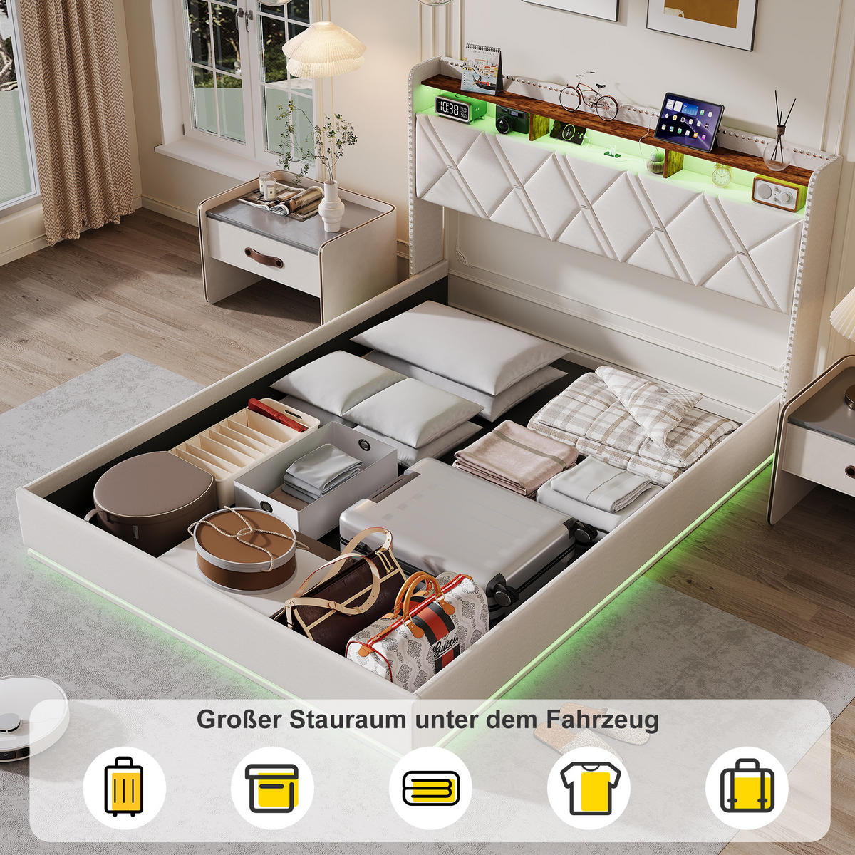 POLSTERBETT 160/200 cm Beige mit hydraulischem Stauraum, LED mit Ablage und USB - Beige, Metall (160/200cm) - EuroLiving