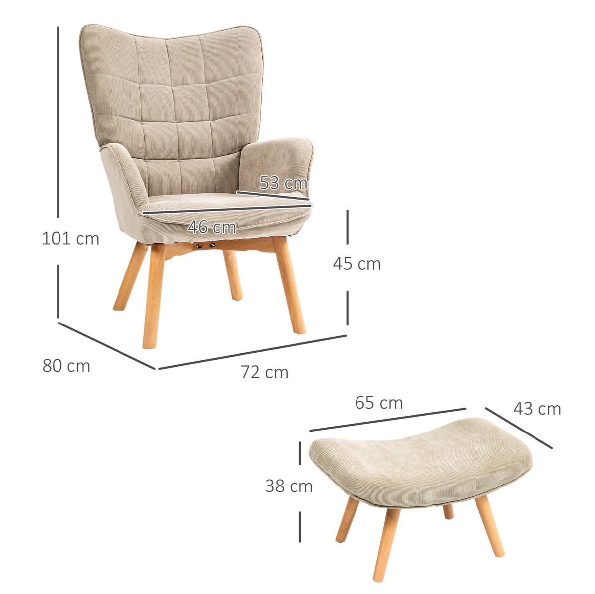 OHRENSESSEL mit Hocker 72/80/101 cm in Khaki mit Holzbeinen - Beige, Textil (72/101/80cm) - Flora Grace