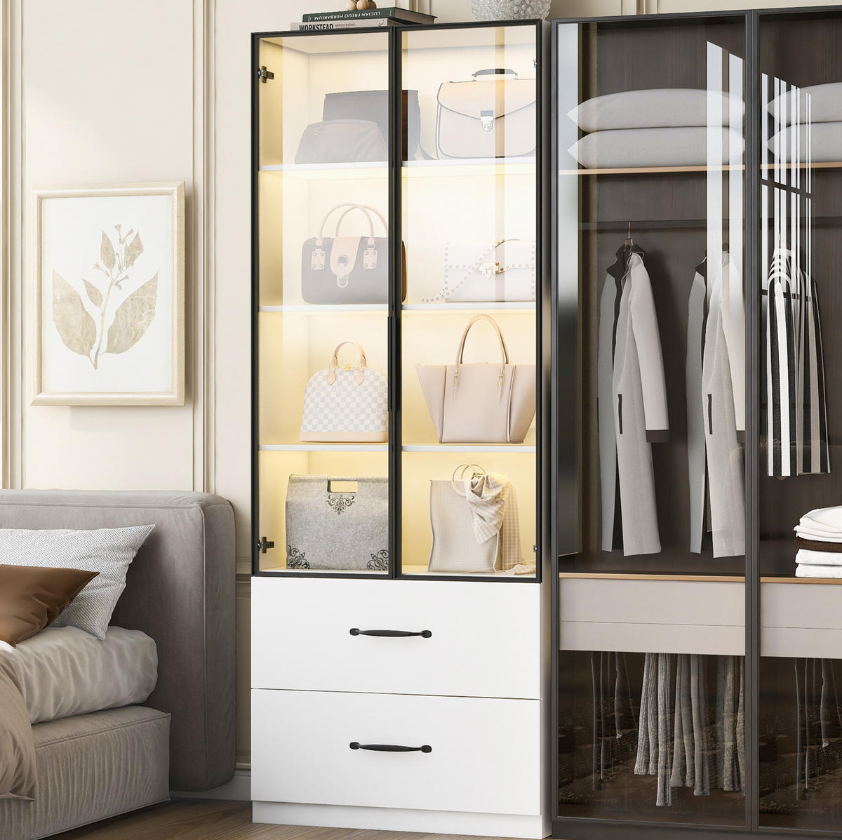 VITRINE 60/40/160 cm aus Spanplatte mit LED-Beleuchtung und 2 Schubladen Weiß - Weiß, Holzwerkstoff (60/160/40cm) - Modenvie