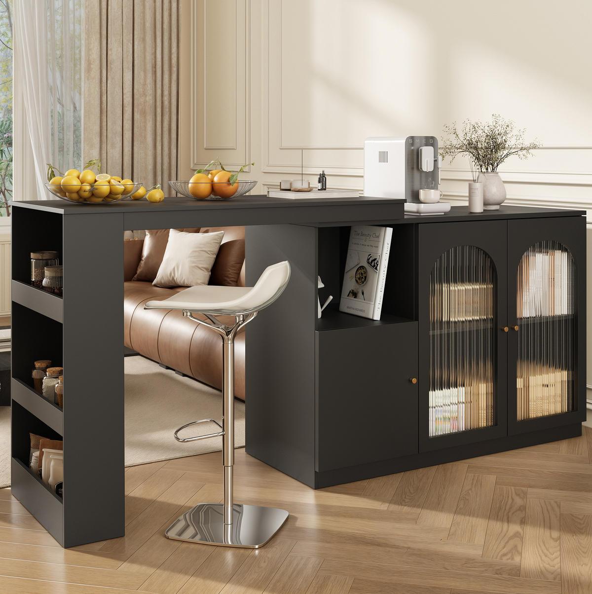 BAROVÁ skříňka 120/40/97 cm černá z MDF s otočným 360° designem a skleněnými dvířky - černá, kompozitní dřevo (120/40/103cm) - OKWISH
