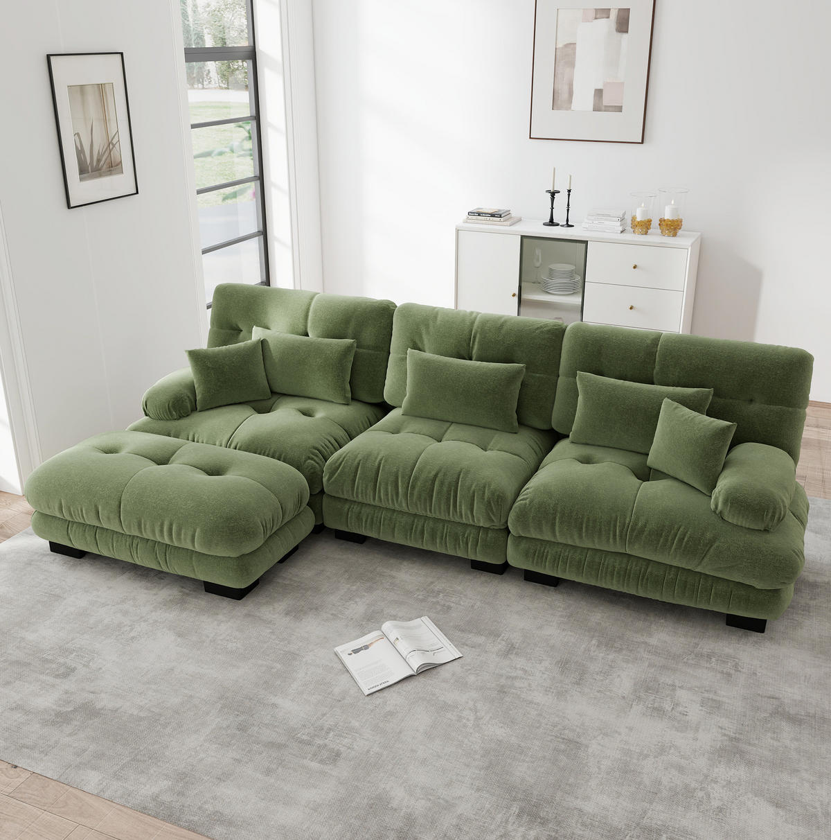 SOFA modular mit Ottomane Chenille Grün - Grün, Kunststoff (145/313.1cm) - Meubliv