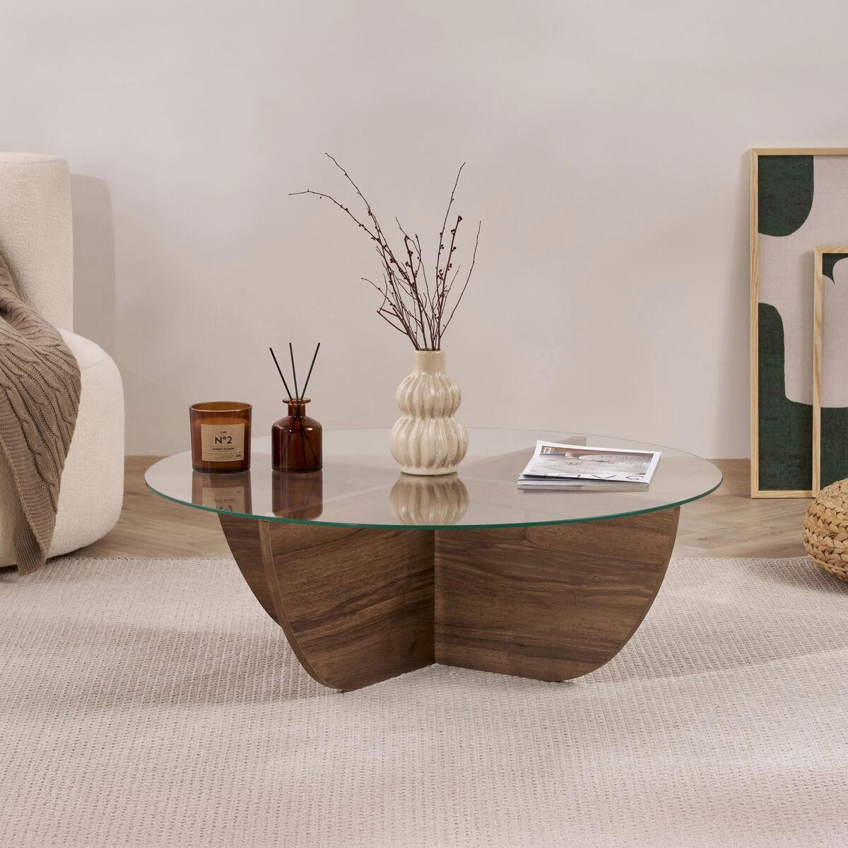 COUCHTISCH mit Glasplatte Nina 90/90/30 cm - Naturfarben, Holzwerkstoff (98/90/30cm) - Calicosy