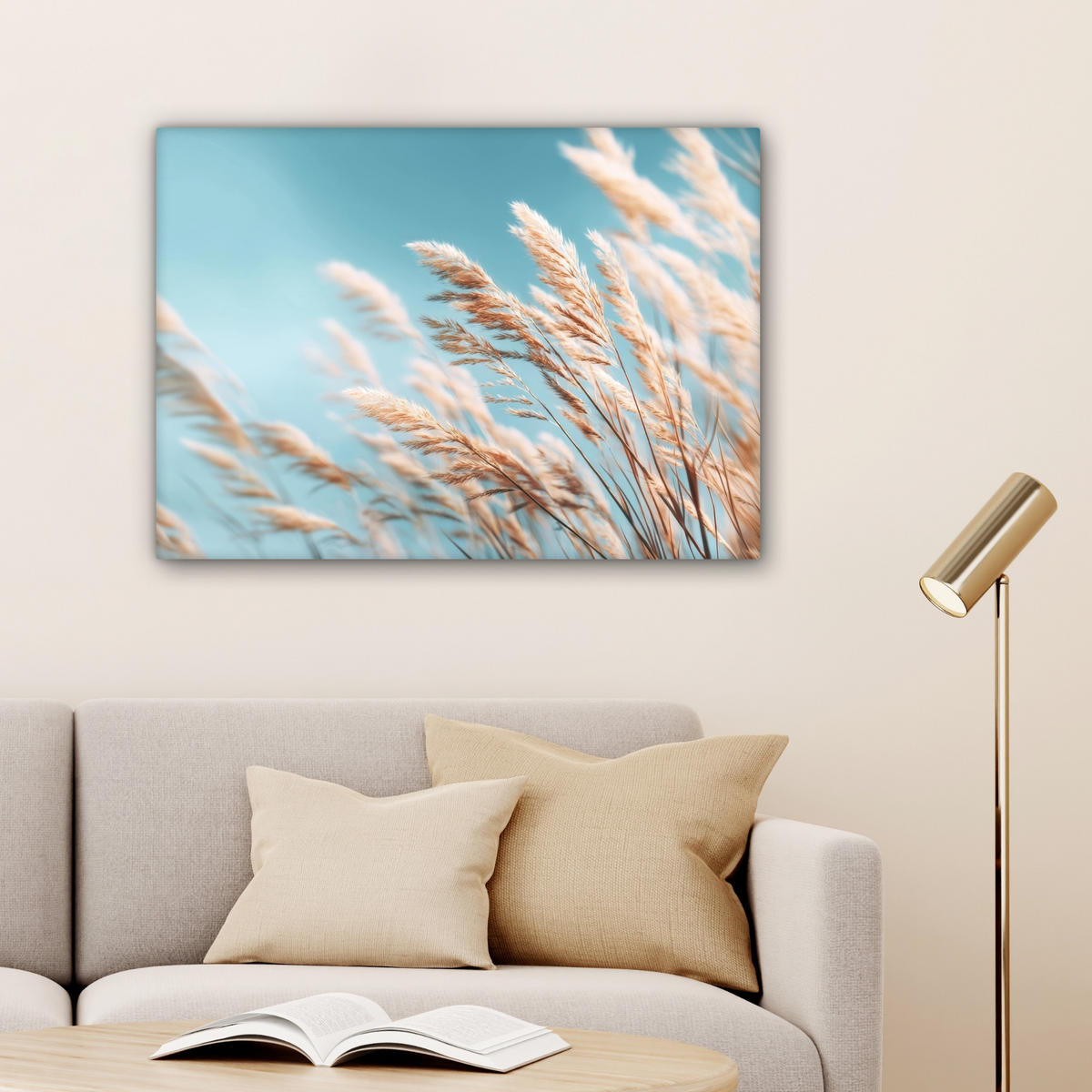 LEINWANDBILD Ziergras - Wind - Hellbraun Wandbilder 80x60 cm - Hellblau, Textil (80/60cm) - MuchoWow