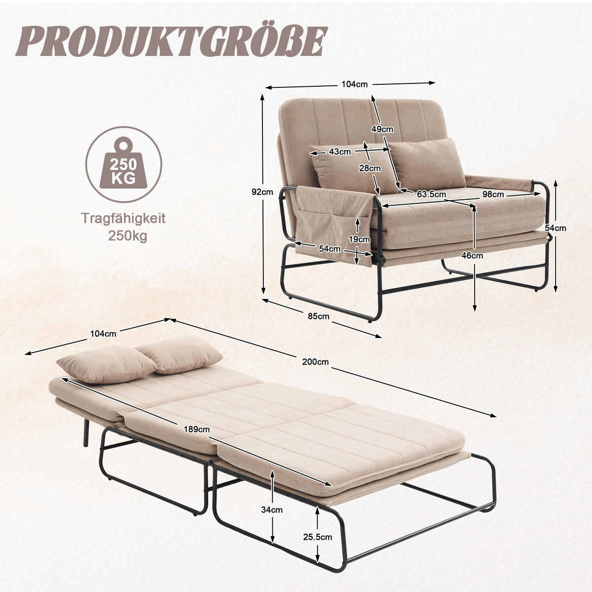 SCHLAFSOFA 2-Sitzer umbaubar mit Metallgestell, DE-42601, Khaki - Sandfarben, Metall (104/92/85cm) - ComfortXL