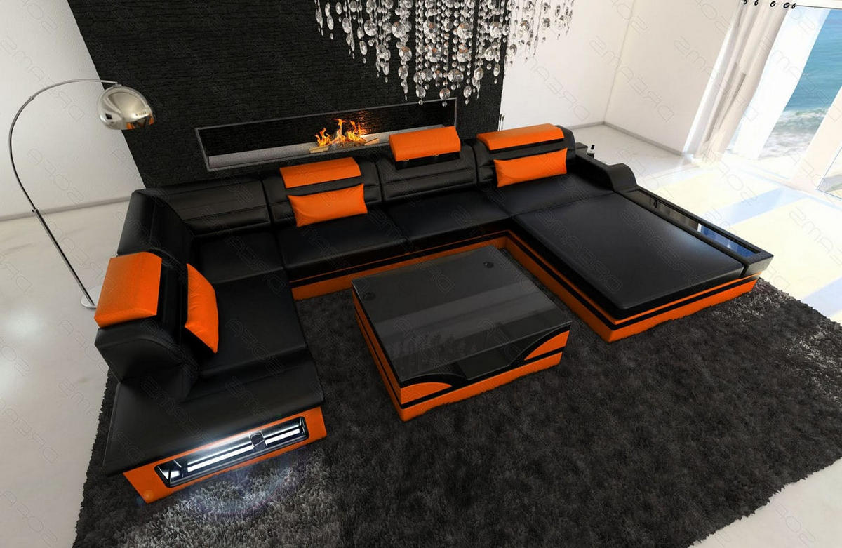 SOFA Mezzo U Schwarz Orange Echtleder - Schwarz, Leder (372/78/214cm)
