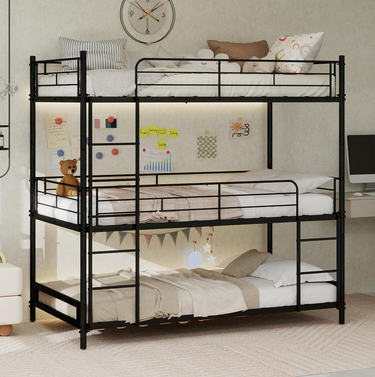 ETAGENBETT für 3 Schlafplätze mit Leitern und Schutzgittern Eisen Schwarz - Schwarz, Holzwerkstoff (90/190cm) - Beauniv