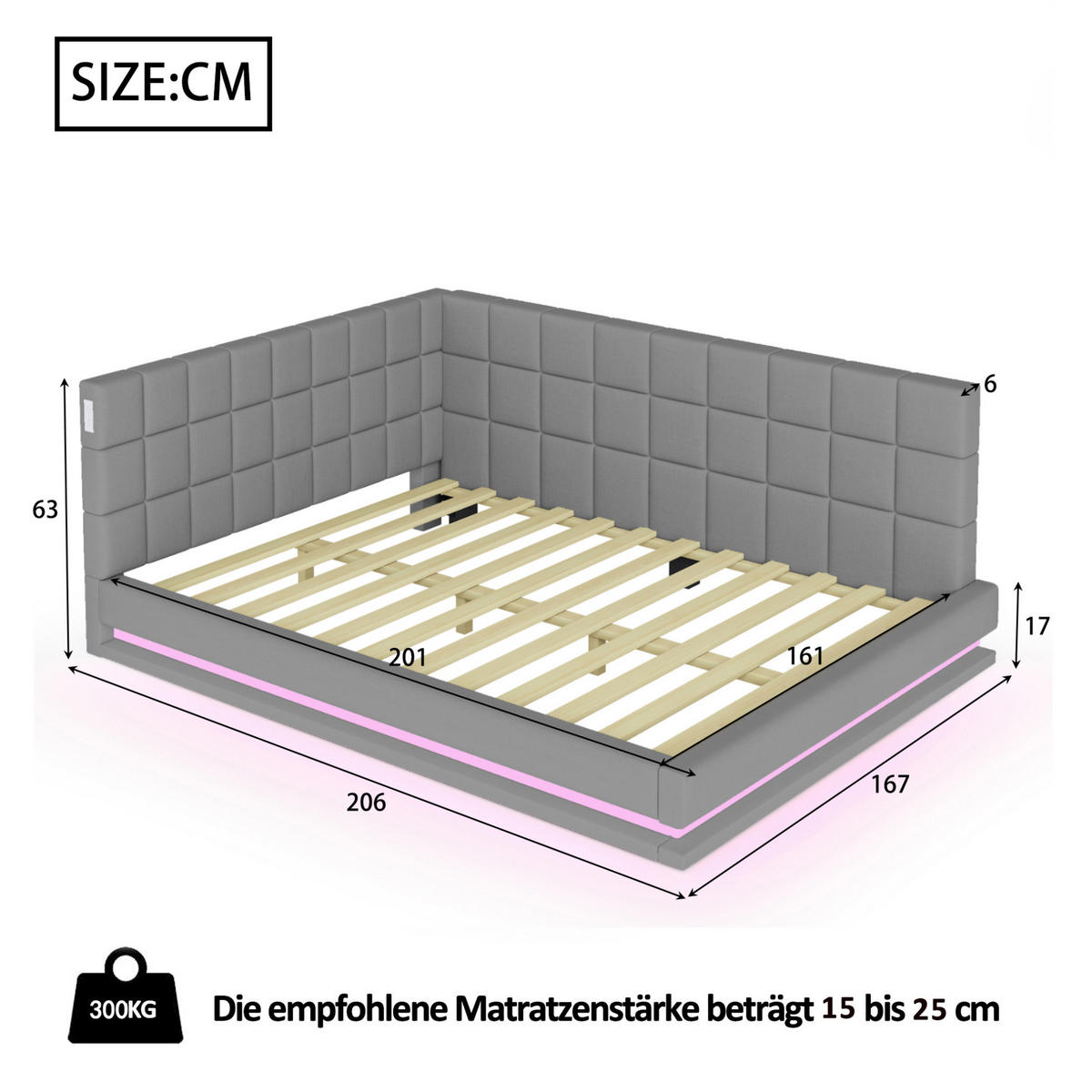 POLSTERBETT 160/200 cm Grau aus Leinen mit LED-Beleuchtung und USB-Anschluss - Grau, Textil (160/200cm) - OKMYHOME