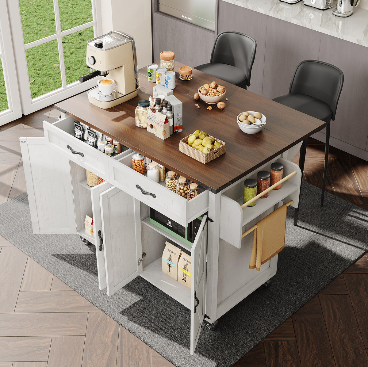 KÜCHENINSELWAGEN aus MDF mit klappbarer Arbeitsplatte, 140/45/72/93 cm, Weiß - Weiß, Holzwerkstoff (140/93/45cm) - Redom
