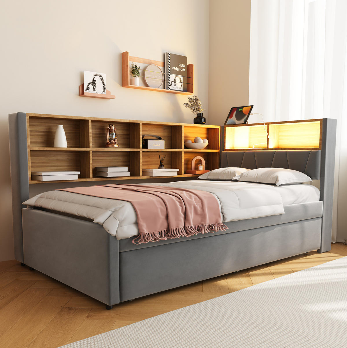 POLSTERBETT aus Flanell 90x200 cm Dunkelgrau mit Ausziehbett, LED, USB-/Type-C-Anschluss, Steckdose und Stauraum - Dunkelgrau, Textil (90/200cm) - Modfu