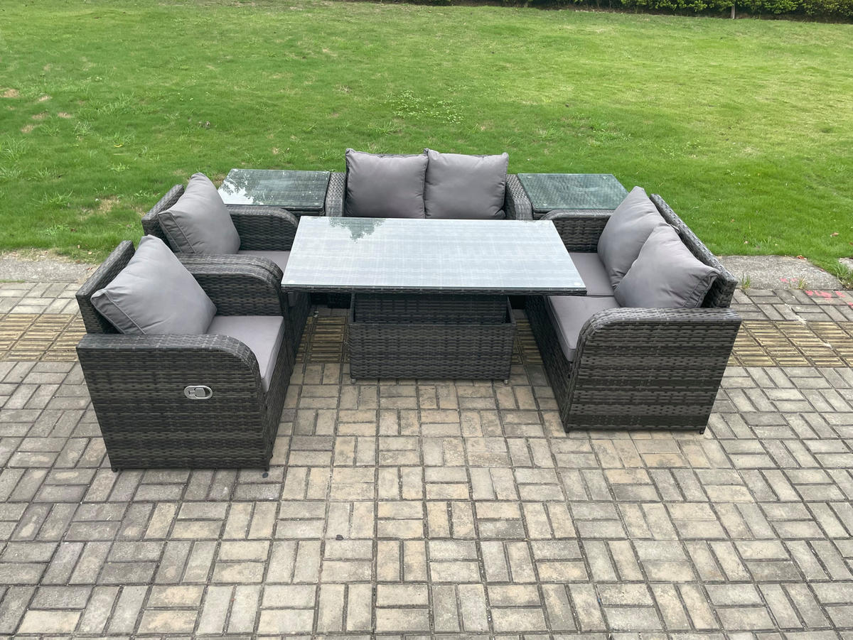 GARTENSOFA Hohe Rückenlehne Polyrattan 6-Sitzer - Dunkelgrau/Grau, Glas/Kunststoff - Fimous