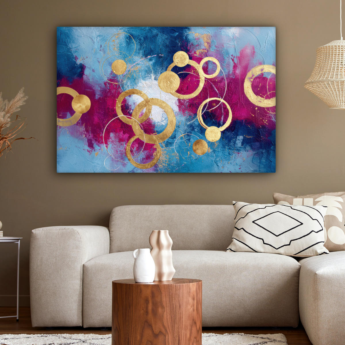 LEINWANDBILD Kreise - Gold - Abstrakt Groß 140x90 cm - Blau, Textil (140/90cm) - MuchoWow