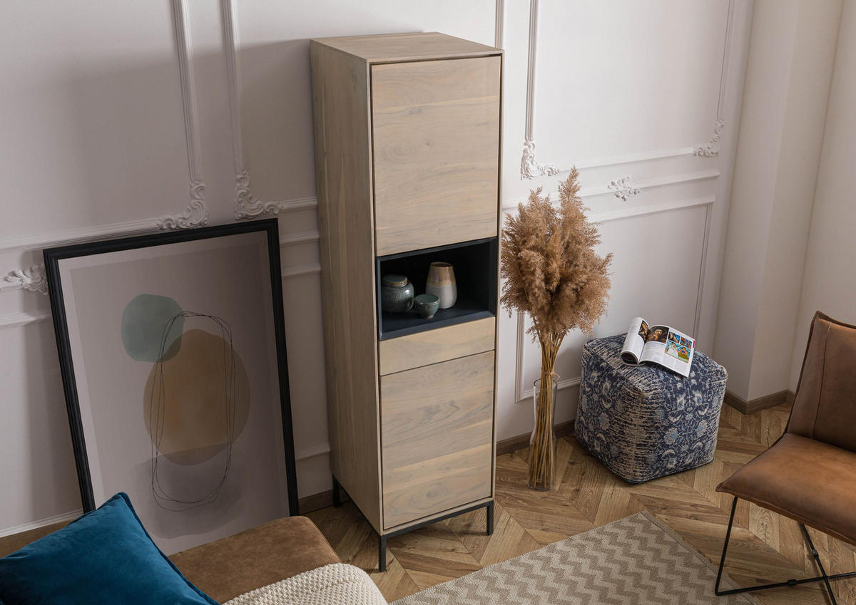 HIGHBOARD Akazie 45x45x175 grau-weiß geölt CHICAGO #10 - Braun, Holz (45/175/45cm) - Massivmoebel24