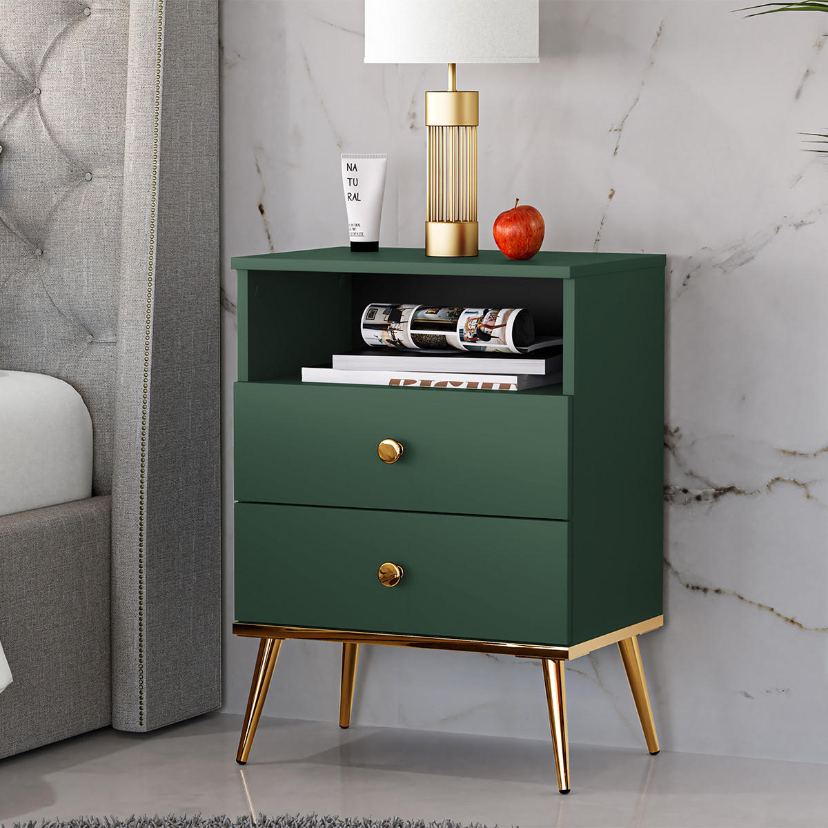 NOČNÍ STOLEK Thalia Zelená - zelená barva, kompozitní dřevo (50/70/34cm) - Petits-meubles
