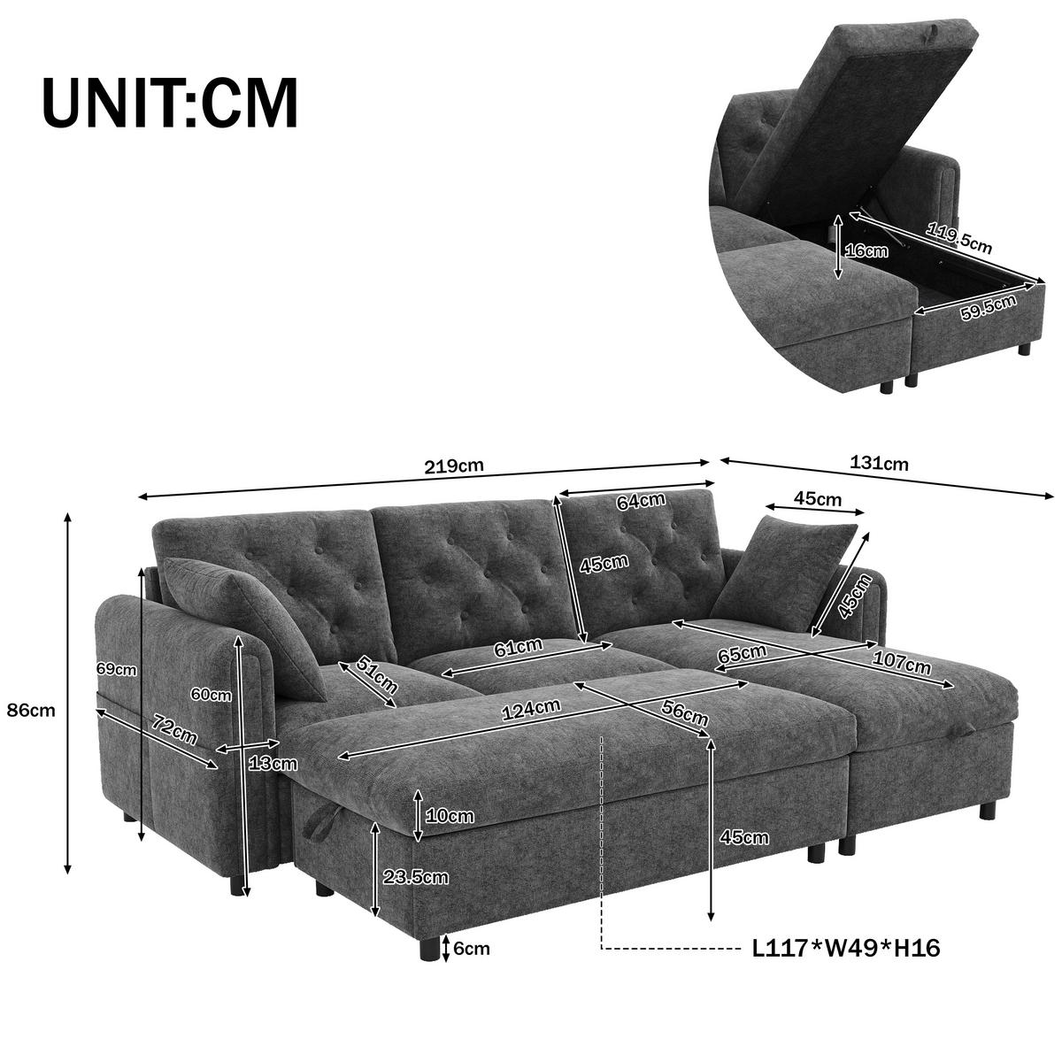 SOFA Baršun L Oblik s Tabureom 219x131x86 cm Siva - siva, tekstil (219/86/131cm) - FLIEKS