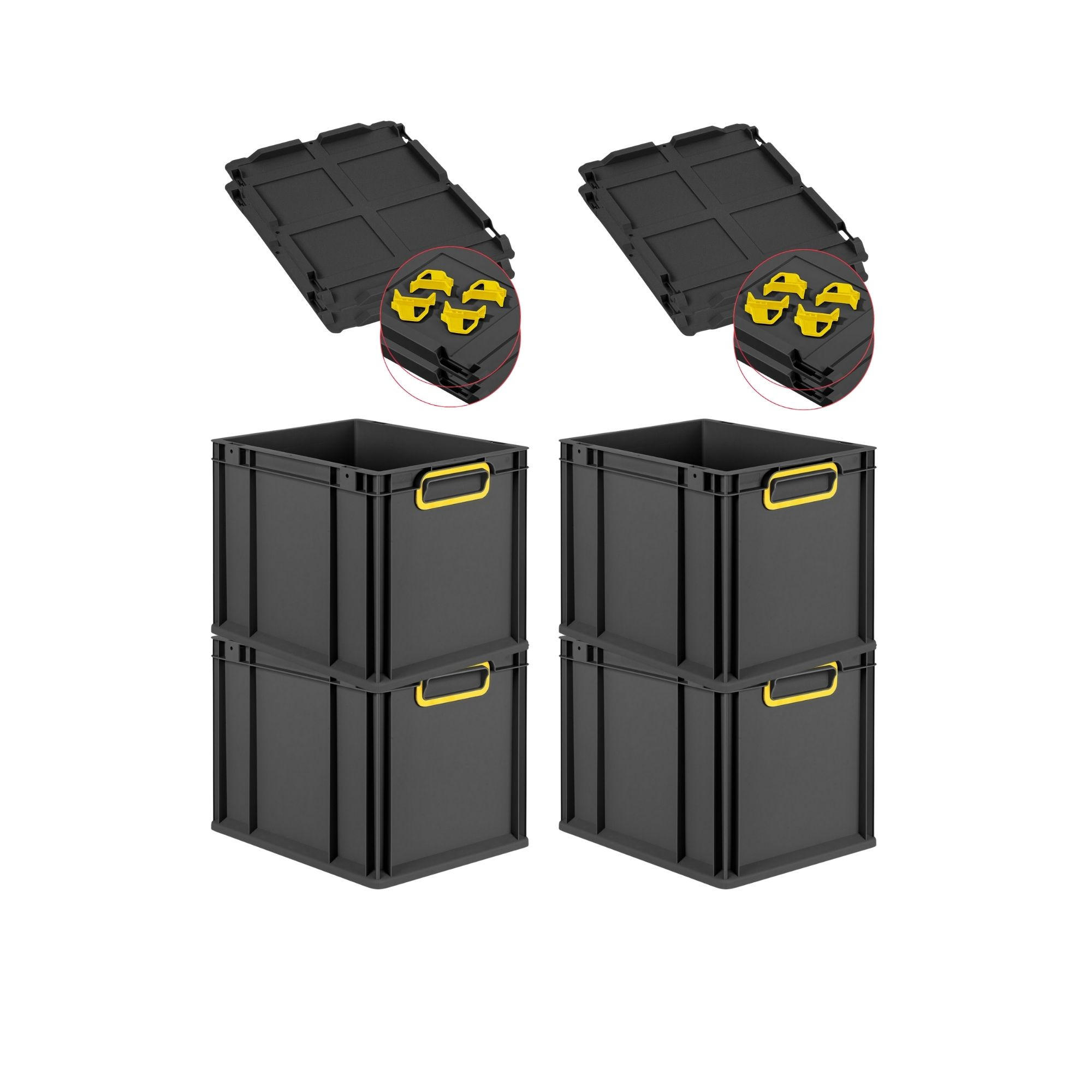 EUROBOX 4x NextGen Color mit Auflagedeckel 32x30x40 cm 30 Liter Schwarz Griffe gelb zu - Gelb/Schwarz, Kunststoff (30/32/40cm) - PROREGAL