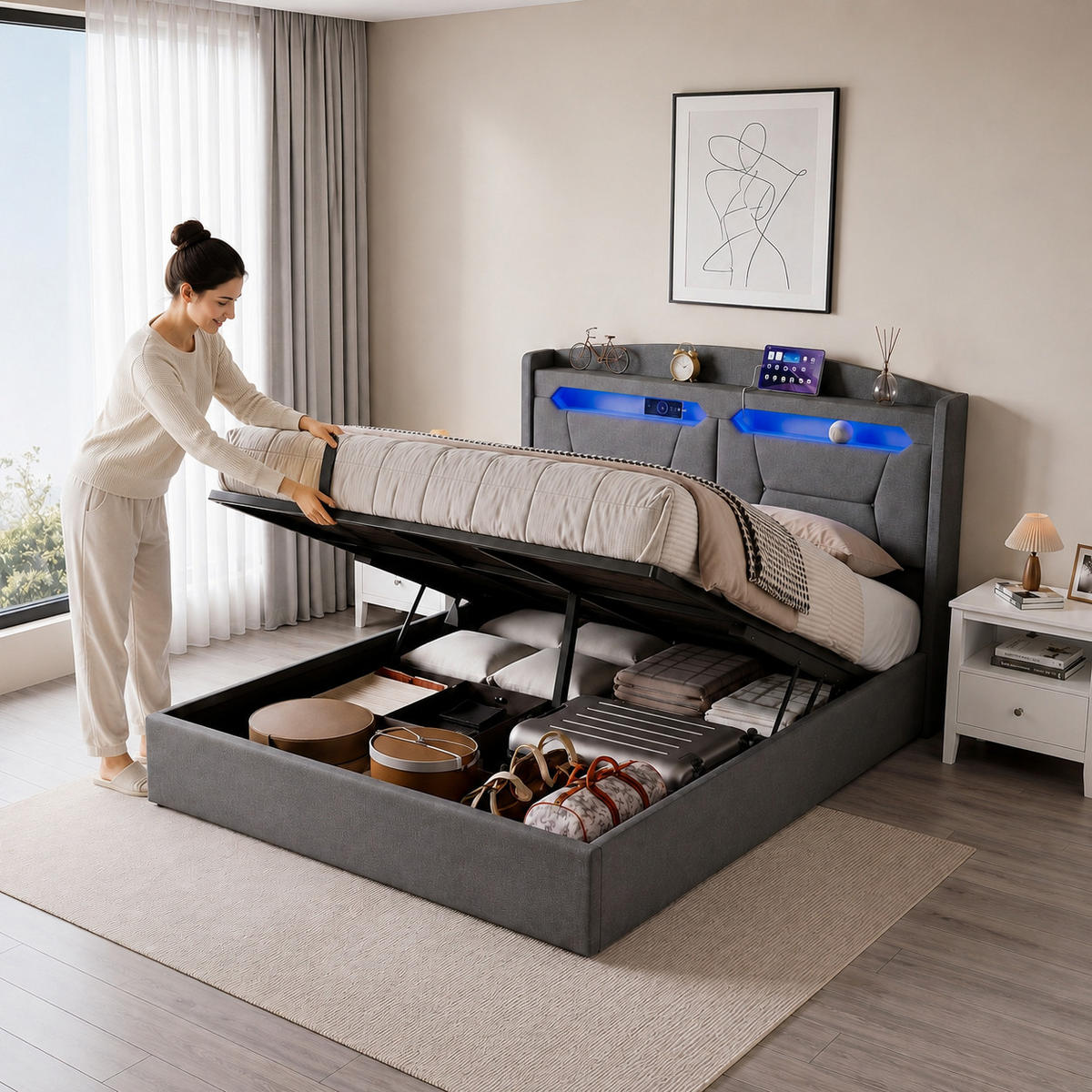 POLSTERBETT 140/200 cm mit Stauraum & LED‑Beleuchtung, gepolstertes Kopfteil mit USB‑Ladestation, graues Stoffbett mit Bettkasten für Schlafzimmer - Anthrazit, Holz/Metall (140/200cm) - Joyfair