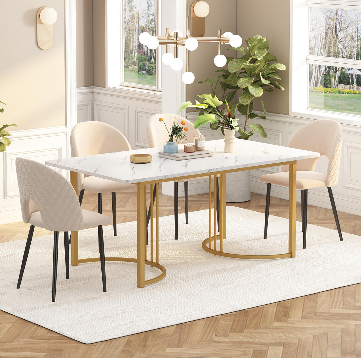 JÍDELNÍ stůl 140/80 cm bílý z MDF a kovu s mramorovým dekorem a nastavitelnými nožkami - bílá, kompozitní dřevo (140/80/75cm) - OKWISH