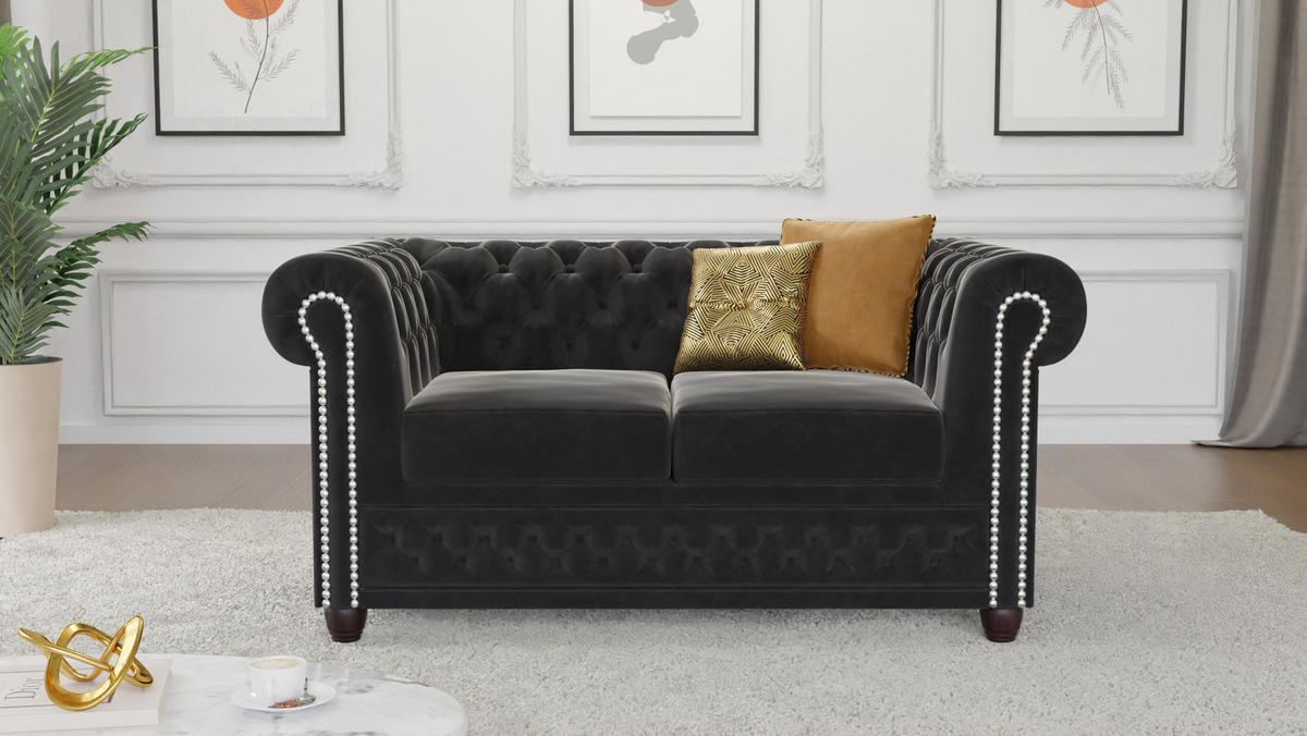 SITZGARNITUR 3+2+1 Chesterfield Nyx Schwarz Samt - Schwarz/Braun, Holz/Textil (203/72/86cm) - S-Style Möbel