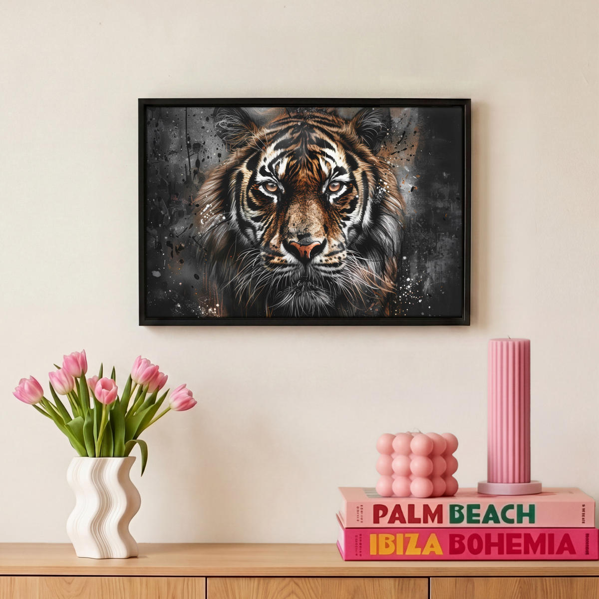 LEINWAND Bilder mit Rahmen - Tiger - Tiere - Porträt - Luxus - Schwarz - 30x20 - Braun, Textil (30/20cm) - MuchoWow