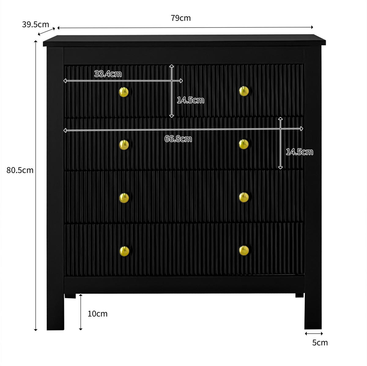 KOMMODE 79/39,5/80,5 cm mit 5 Schubladen und goldfarbenen Griffen - Schwarz, Holzwerkstoff (79/80.05/39.5cm) - BEAOK