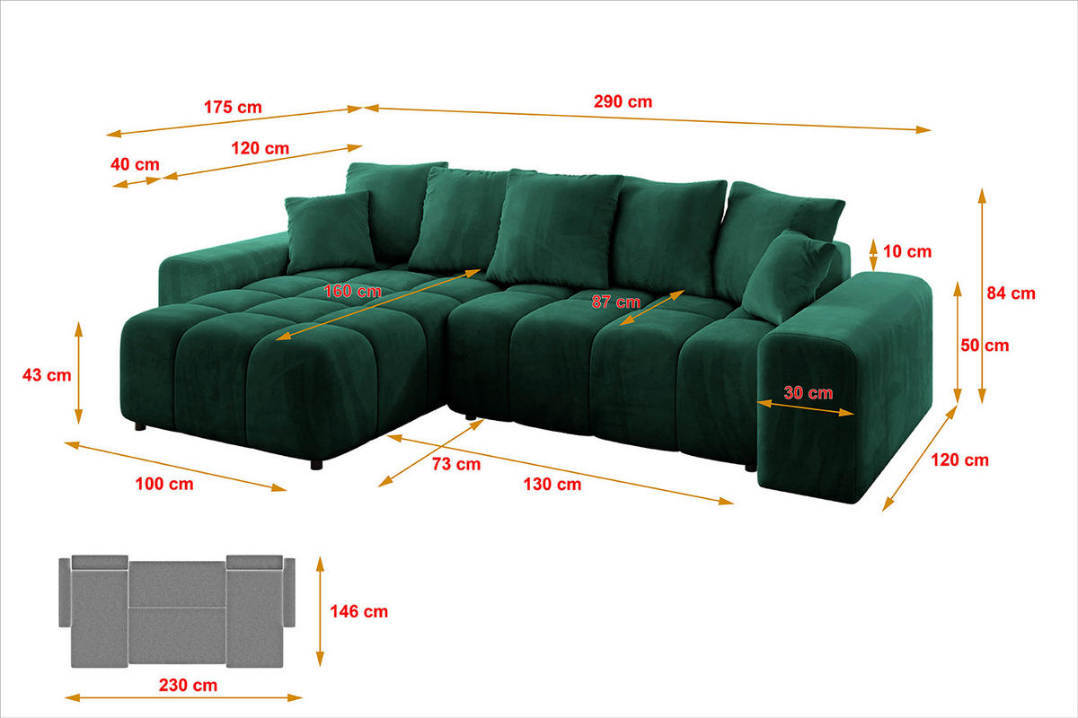ECKSOFA Ottomane links/rechts ENIL-L 290x175x84 Dunkelgrün Velours - Dunkelgrün, Holzwerkstoff/Kunststoff (290/175cm) - ALTDECOR