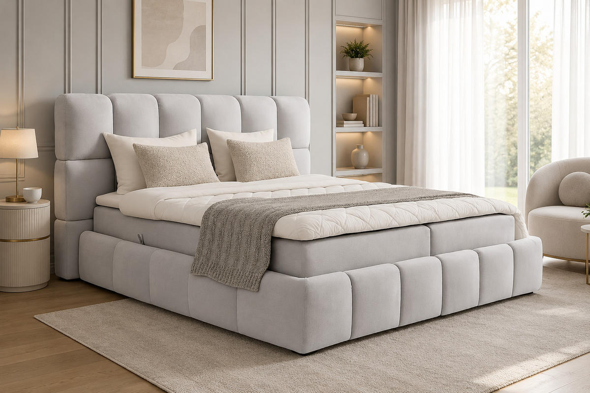 BOXSPRINGBETT AURA mit Topper und Bettkasten, Hellgrau, H3 Bonell, 120x200 cm - Hellgrau, Textil (120/200cm) - KS Home Concept