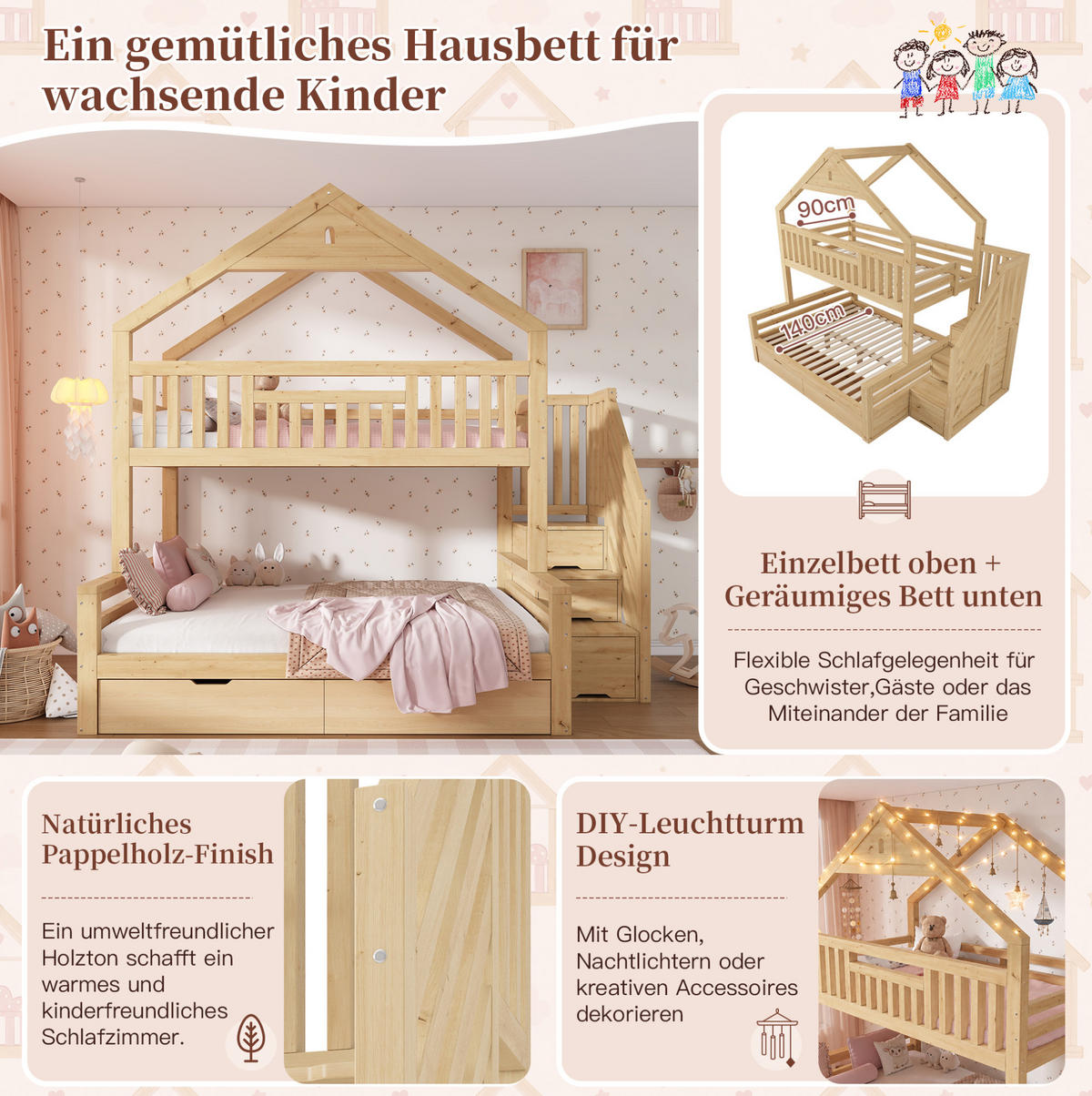 ETAGENBETT Holz 140x200 cm Eichefarben mit Treppenschrank, 2 Schubladen und Giebeldach - Eichefarben, Holz (140/200cm) - Modfu