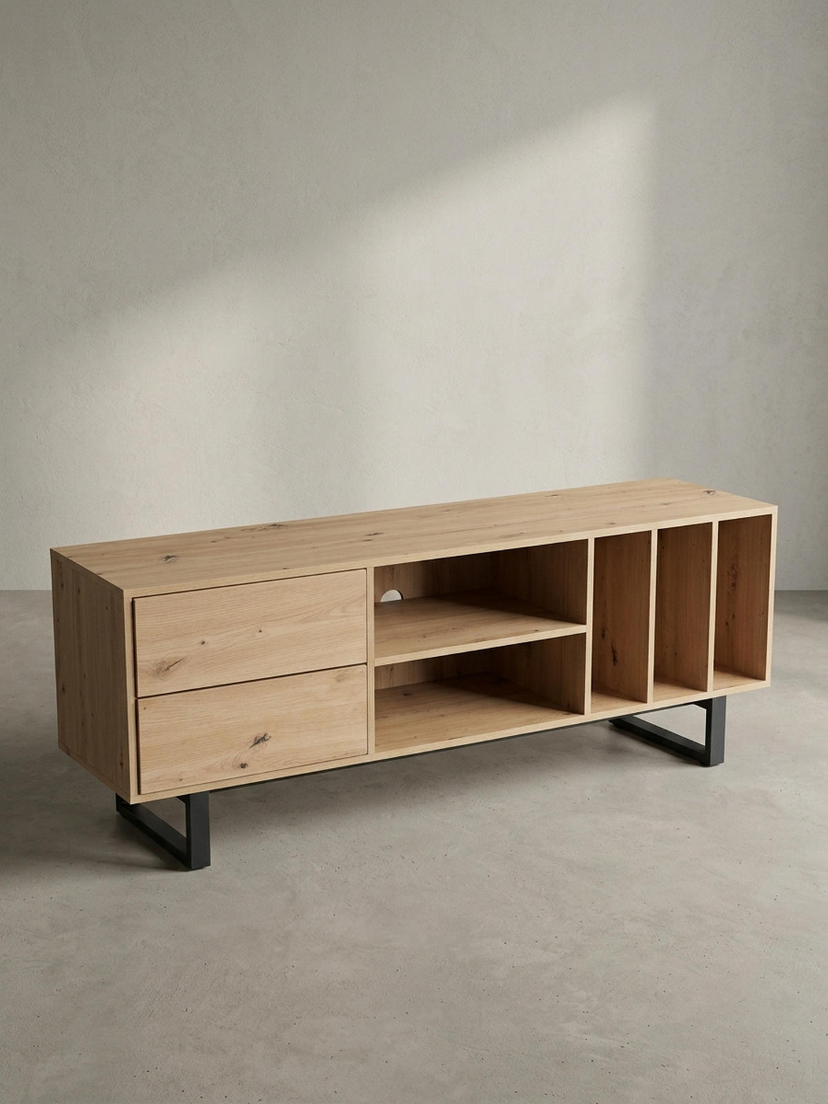 TV-LOWBOARD mit Eiche-Dekor, Schubladen und offenes Regal, modern, Braun 150x40x55 cm - Schwarz/Braun, Holzwerkstoff/Metall (150/55/40cm) - KADIMA DESIGN