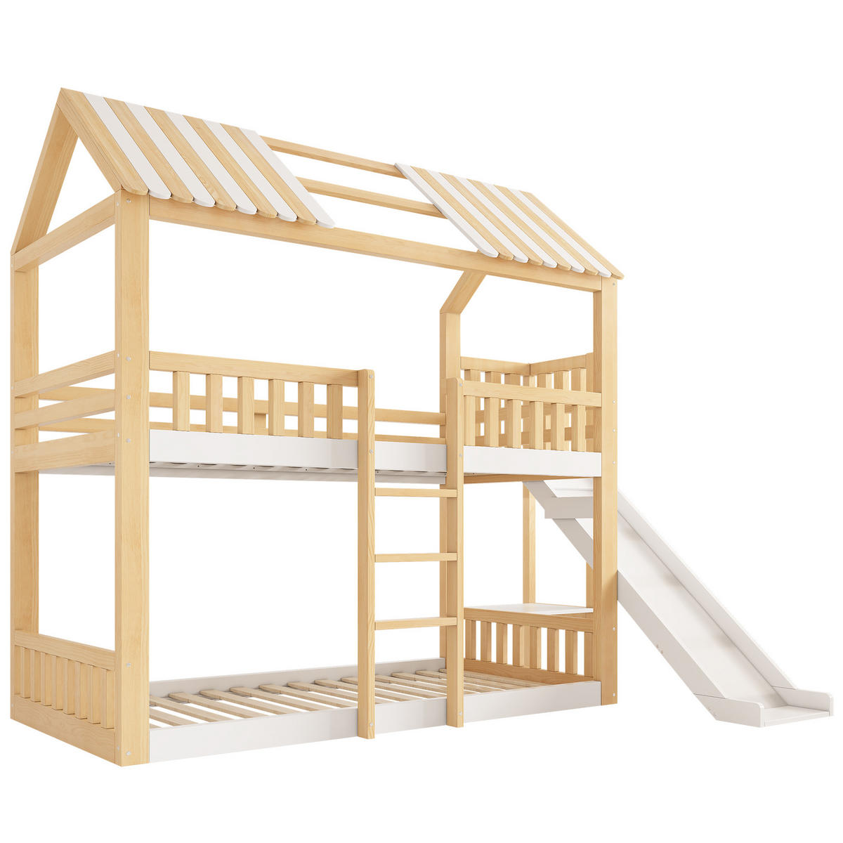 ETAGENBETT 90/200 cm Naturholz + Weiß mit Rutsche und Regalen - Naturfarben, Holz (90/200cm) - Oxeza