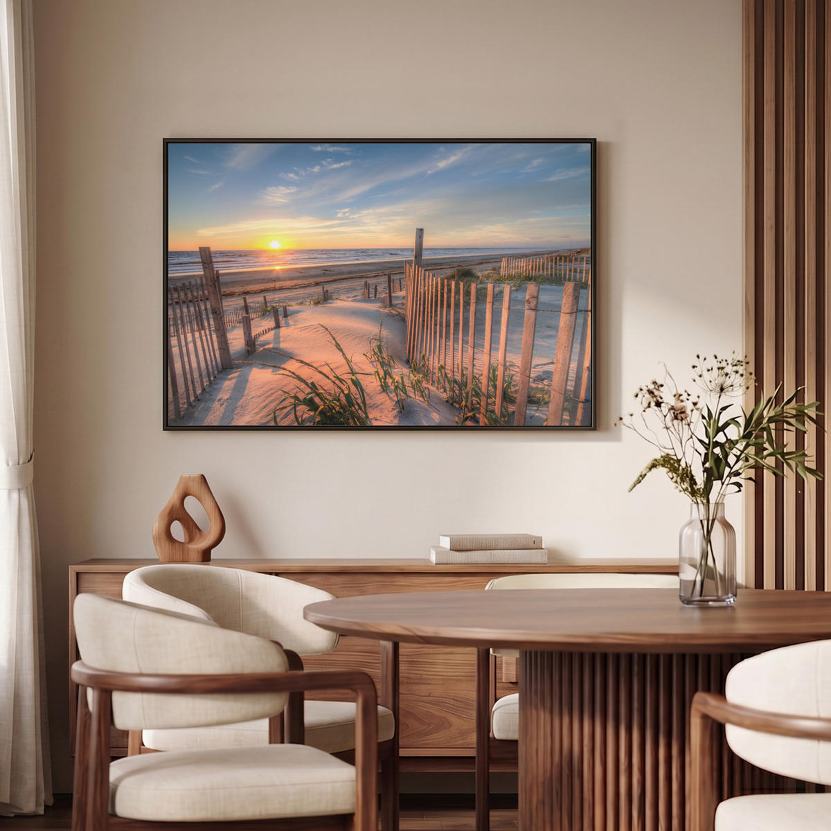LEINWAND Bilder mit Rahmen - Strand - Meer - Düne - Sonnenuntergang - Landschaft - 90x60 - Beige, Textil (90/60cm) - MuchoWow