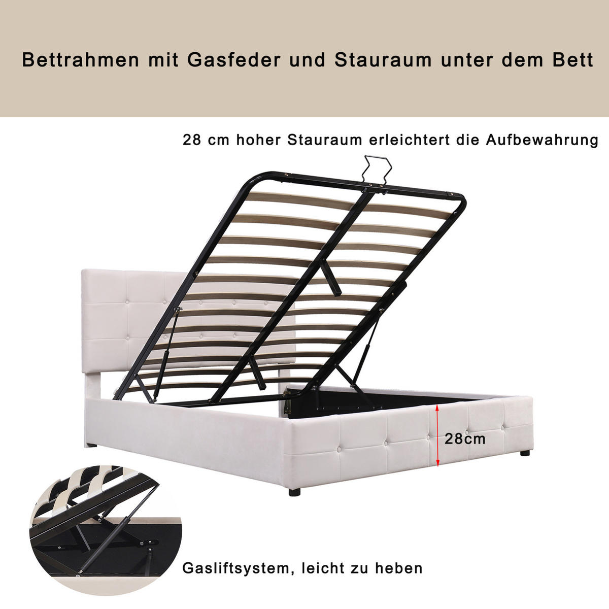 POLSTERBETT 140/200 cm cremeweiß aus Samtstoff mit Bettkasten - Weiß, Textil (140/200cm) - OKMYHOME