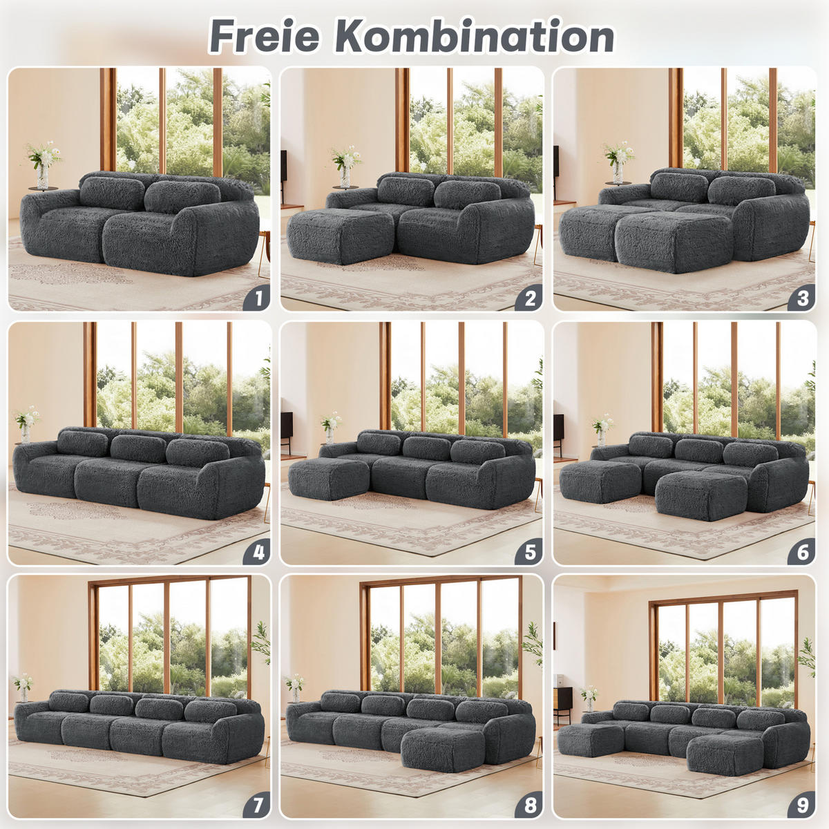 SOFA in Grau aus Plüsch, modular und rahmenlos mit Kissen - Grau, Textil (104/73/204cm) - Flora Grace