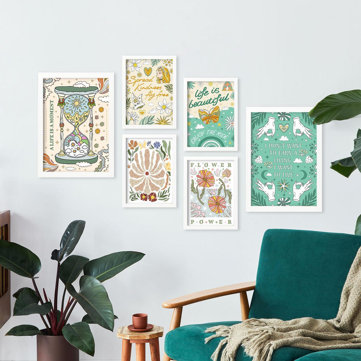 POSTER Set Mit 6 Drucken Von Live In Brilliant Groovy Style Postersammlung Dekorative Rahmen Für Ihr Zuhause Wandkunstdruck A3 & A4 Weißer Rahmen - Weiß, Papier (29/3cm) - Nacnic