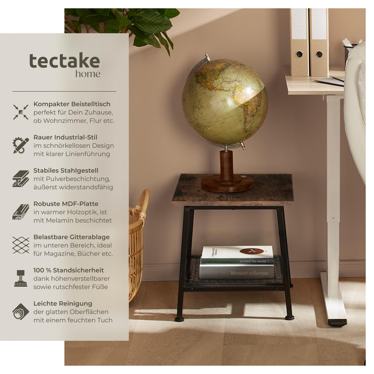 BEISTELLTISCH Bedford,45,5 x 45 x 47 cm,Industrial Holz dunkel, rustikal - Rostfarben, Holz (45.5/45/47cm) - tectake