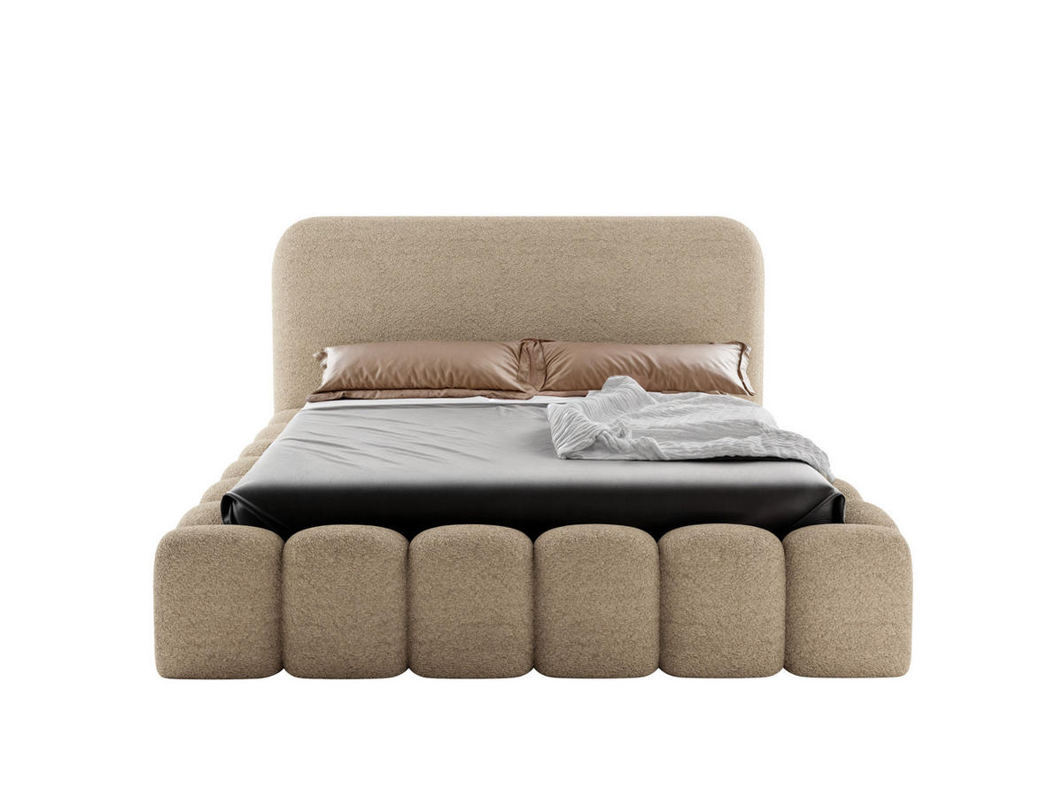 POLSTERBETT MONI 160x200 mit Bettkasten und Lattenrost – Bouclé Stoff MONTE Taupe - Weiß, Textil (160/200cm) - Luxkor24