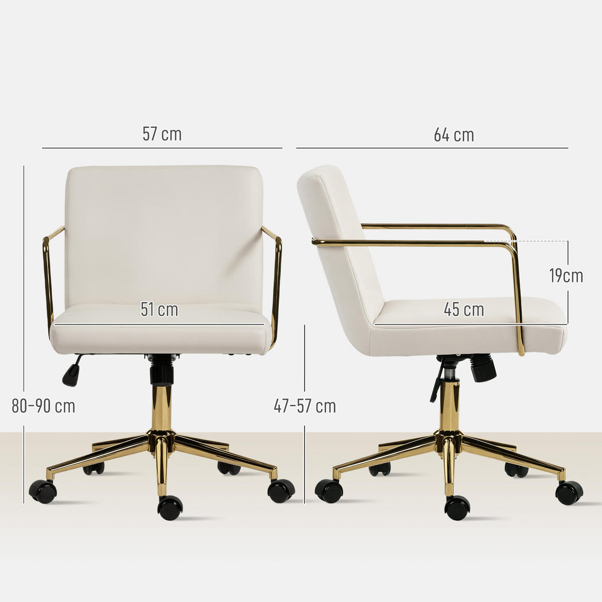 SCHREIBTISCHSTUHL höhenverstellbarer Bürostuhl mit Samtoptik Kippfunktion Creme - Goldfarben/Creme, Textil/Metall (57/90/64cm) - HOMCOM