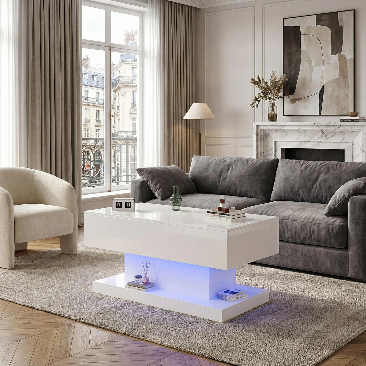 COUCHTISCH Weiß Hochglanz mit Stauraum & Lift-Top - Weiß, Holzwerkstoff/Metall (50/100/45cm) - Urban Meuble