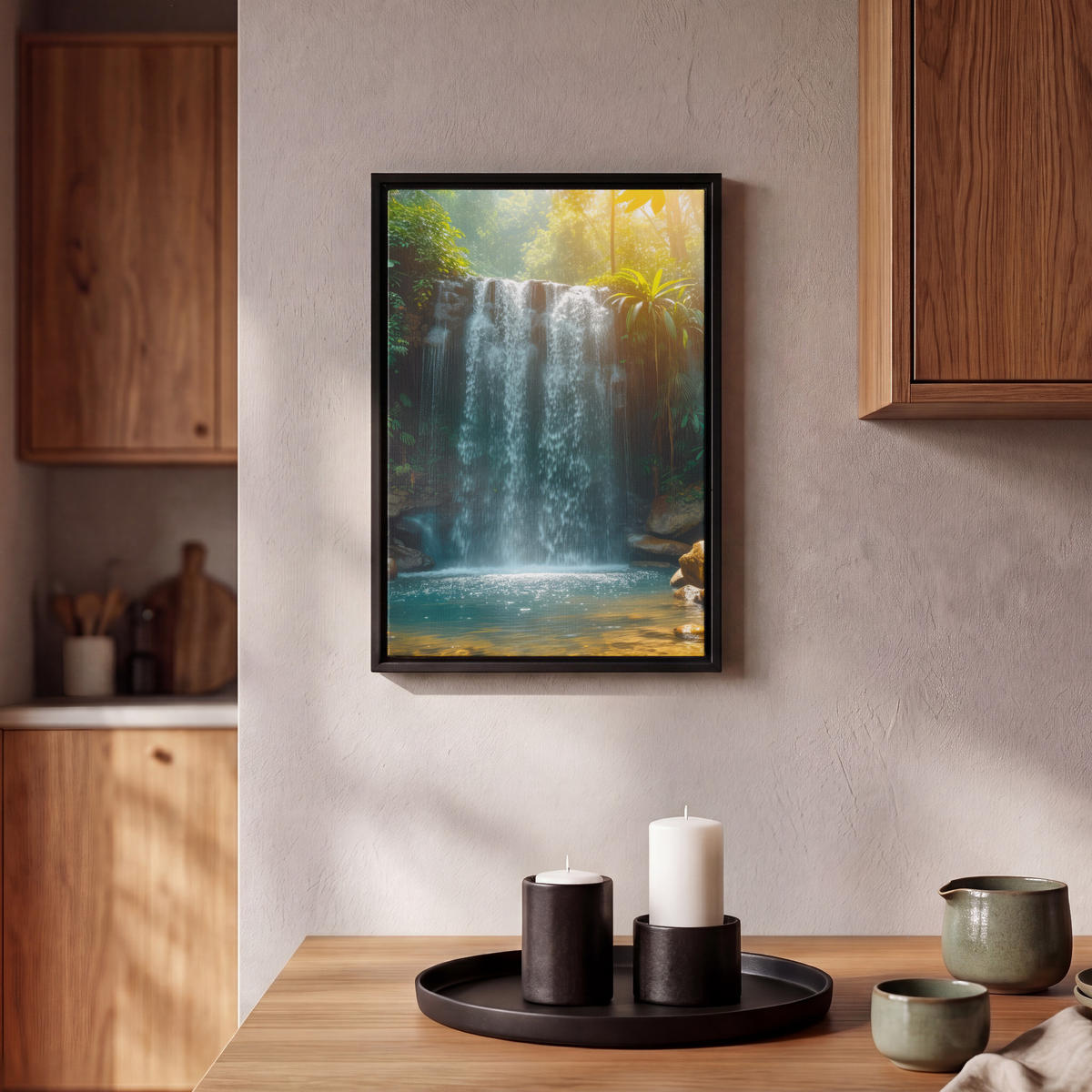 LEINWAND Bilder mit Rahmen - Wasserfall - Dschungel - Sonne - Grün - Natur - 20x30 - Grün, Textil (20/30cm) - MuchoWow