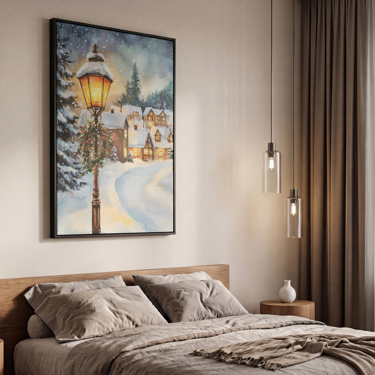 LEINWAND Bilder mit Rahmen - Weihnachtsdorf - Häuser - Schnee - Weihnachten - 60x90 - Sandfarben, Textil (60/90cm) - MuchoWow
