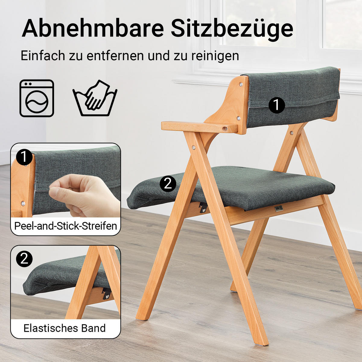 KLAPPSTUHL aus massivem Buchenholz mit Polsterung, Dunkelgrau - Dunkelgrau, Holz (61.5/77.6/56cm) - SoBuy