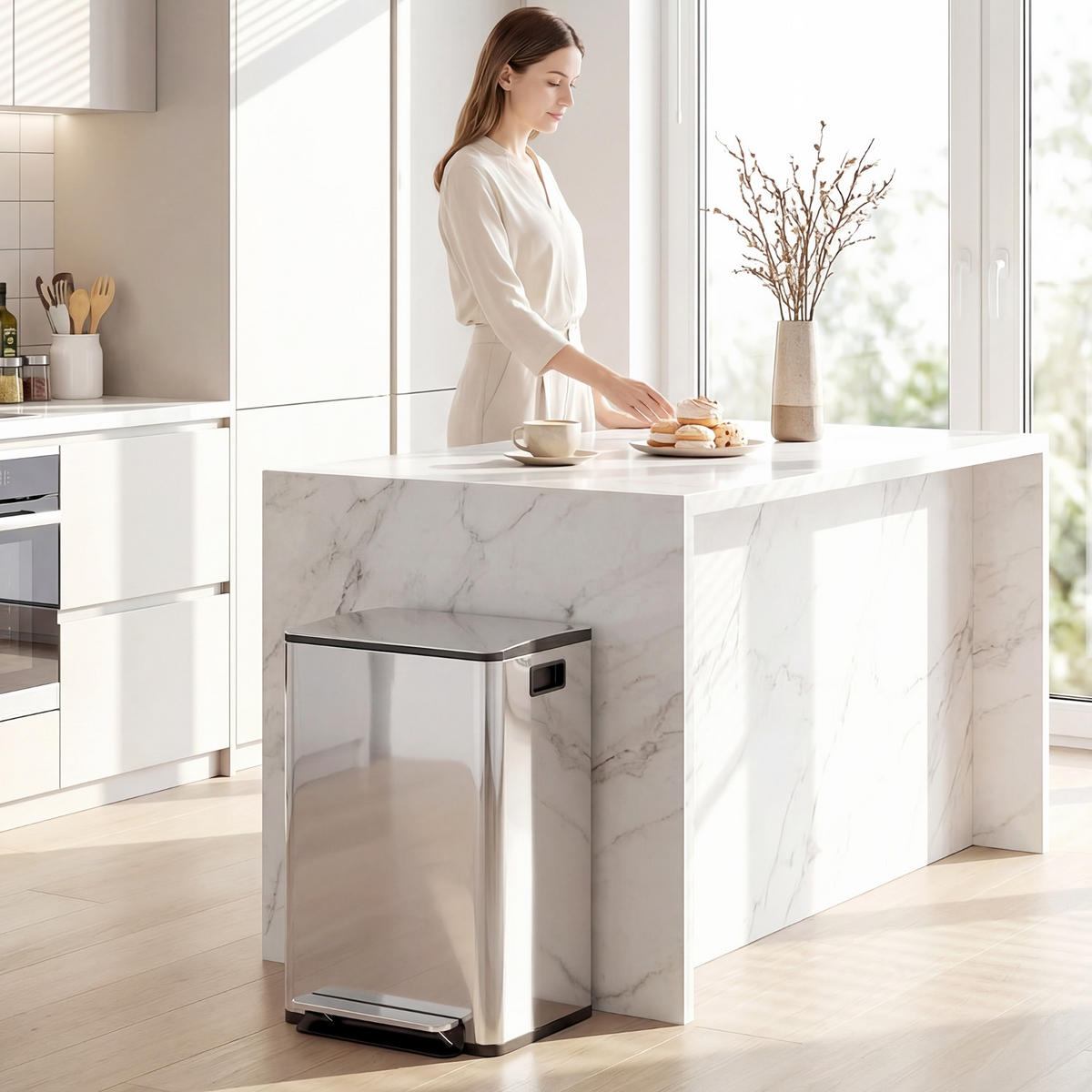 MÜLLEIMER MÜLLTRENNUNG 2X20L 41,8/36,7/58 cm Edelstahl Silber Tretmülleimer Küche - Silberfarben, Metall (36.7/58/41.8cm) - Rolipo