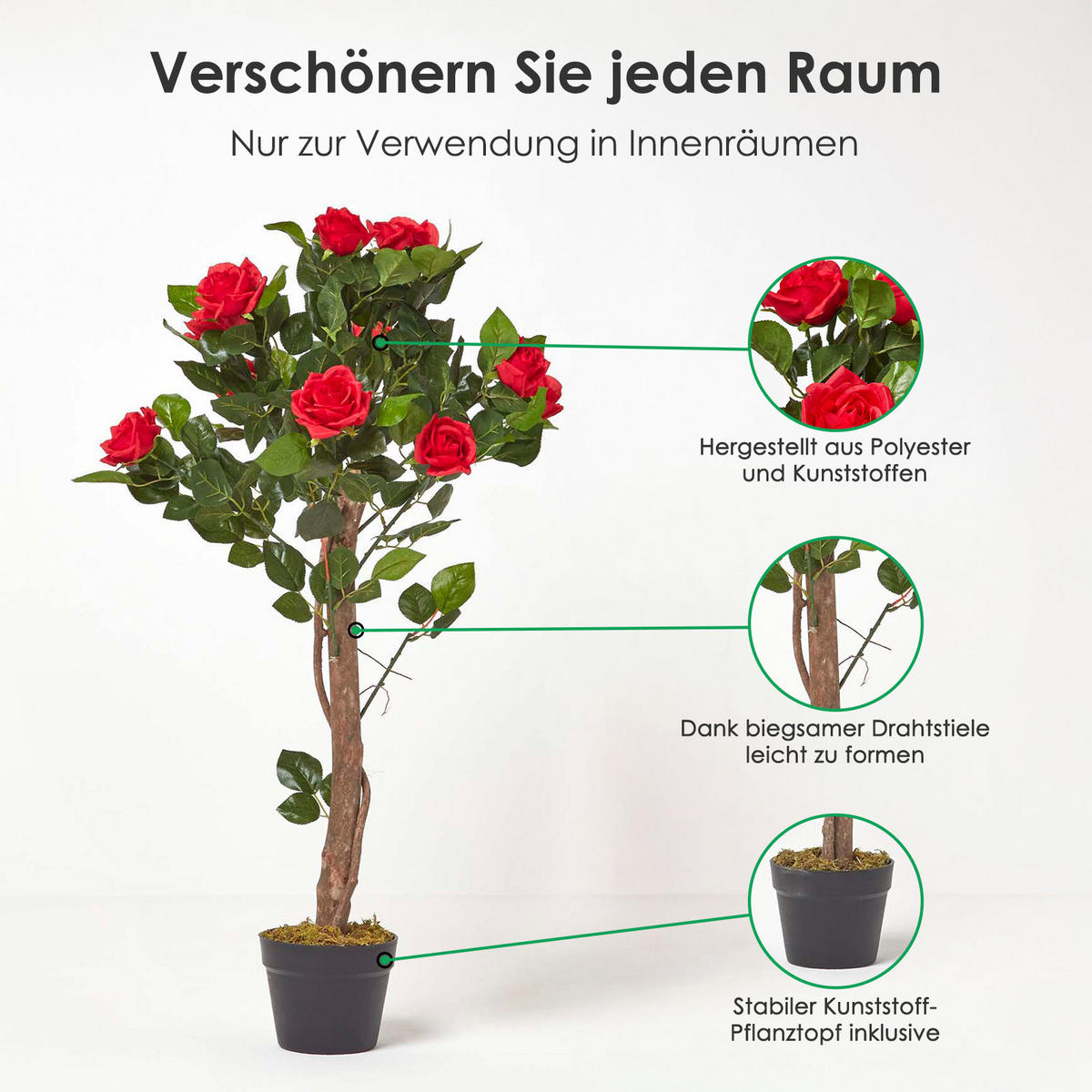KUNSTBAUM Rosenstock rot, 90 cm - Rot, Kunststoff (90cm) - Homescapes